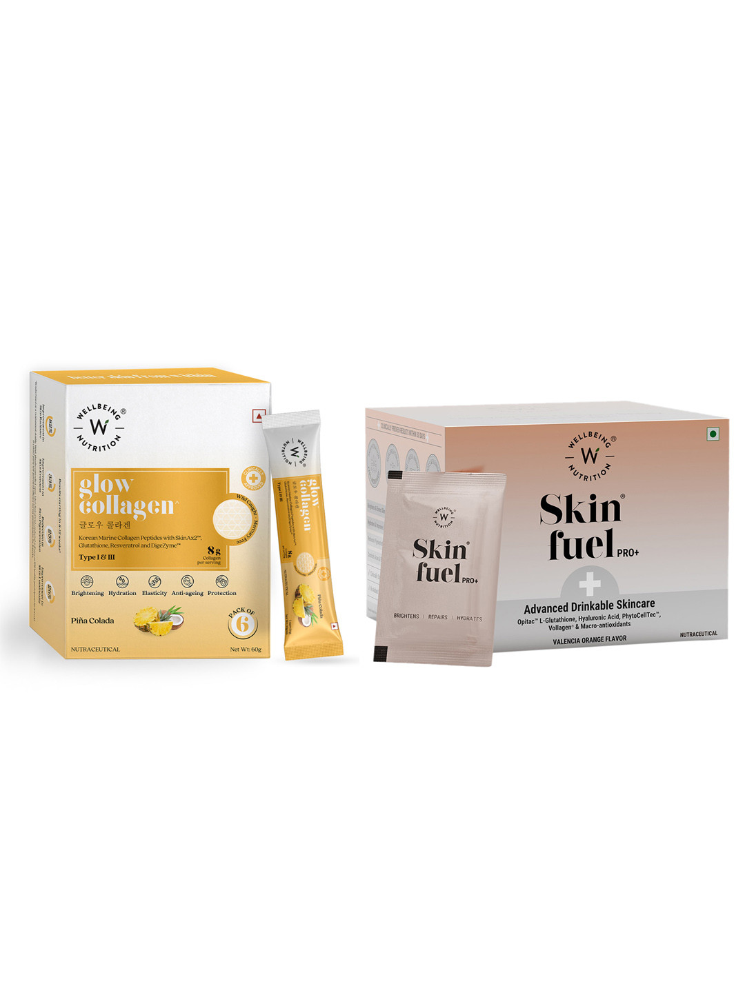 

Wellbeing Nutrition Skin Fuel Pro+ - 28 Sachet & Glow Collagen Powder - 6 Sachet, Pink