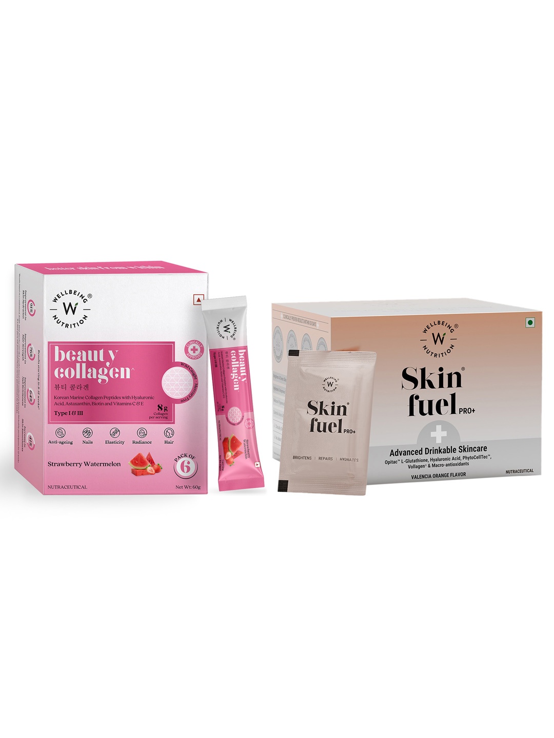 

Wellbeing Nutrition Skin Fuel Pro+ - 28 Sachet & Beauty Collagen Powder - 6 Sachet, Pink