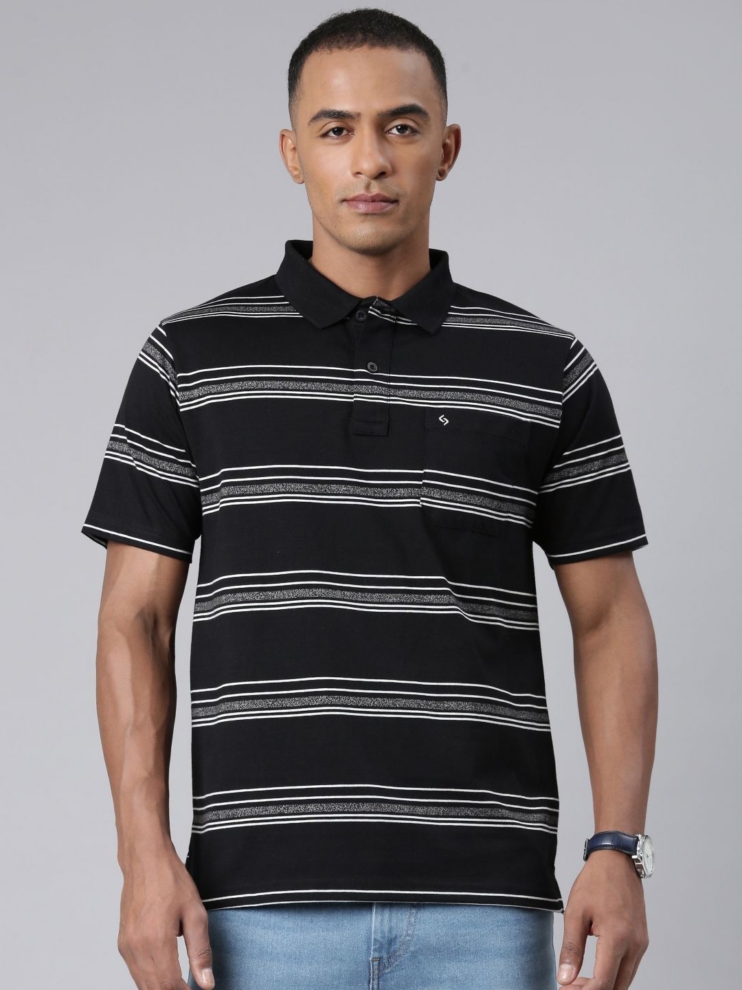 

Classic Polo Men Striped Polo Collar Pockets T-shirt, Black