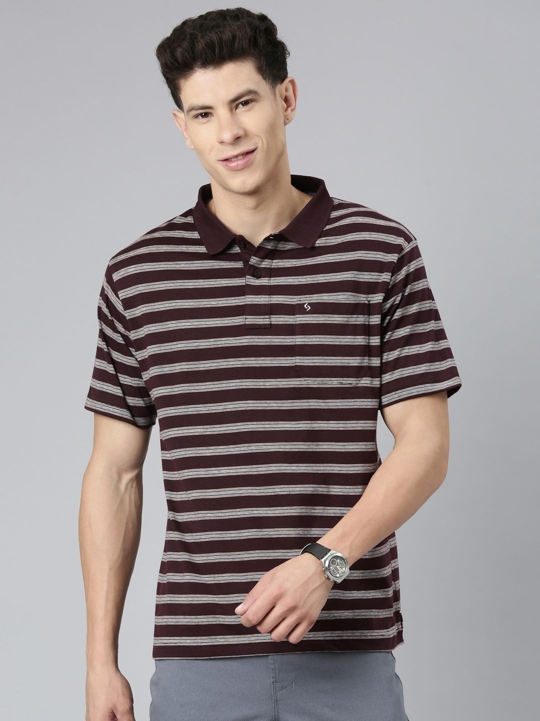 

Classic Polo Men Striped Polo Collar Pockets T-shirt, Burgundy