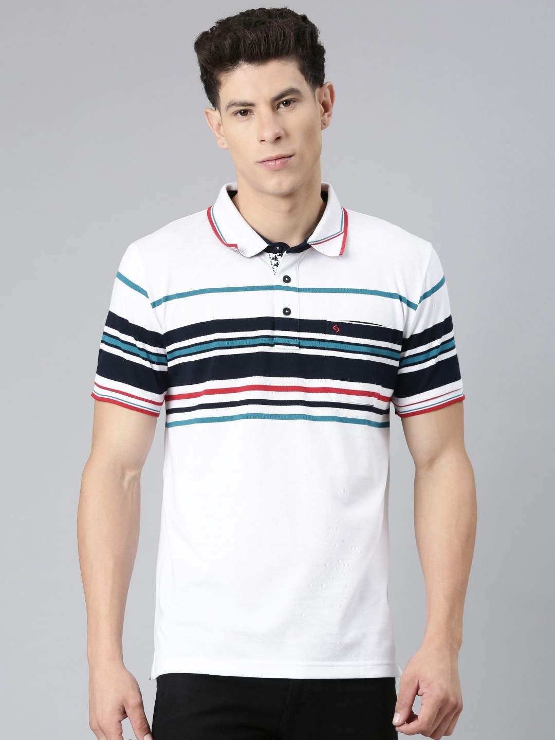 

Classic Polo Men Striped Polo Collar Pockets Slim Fit T-shirt, White