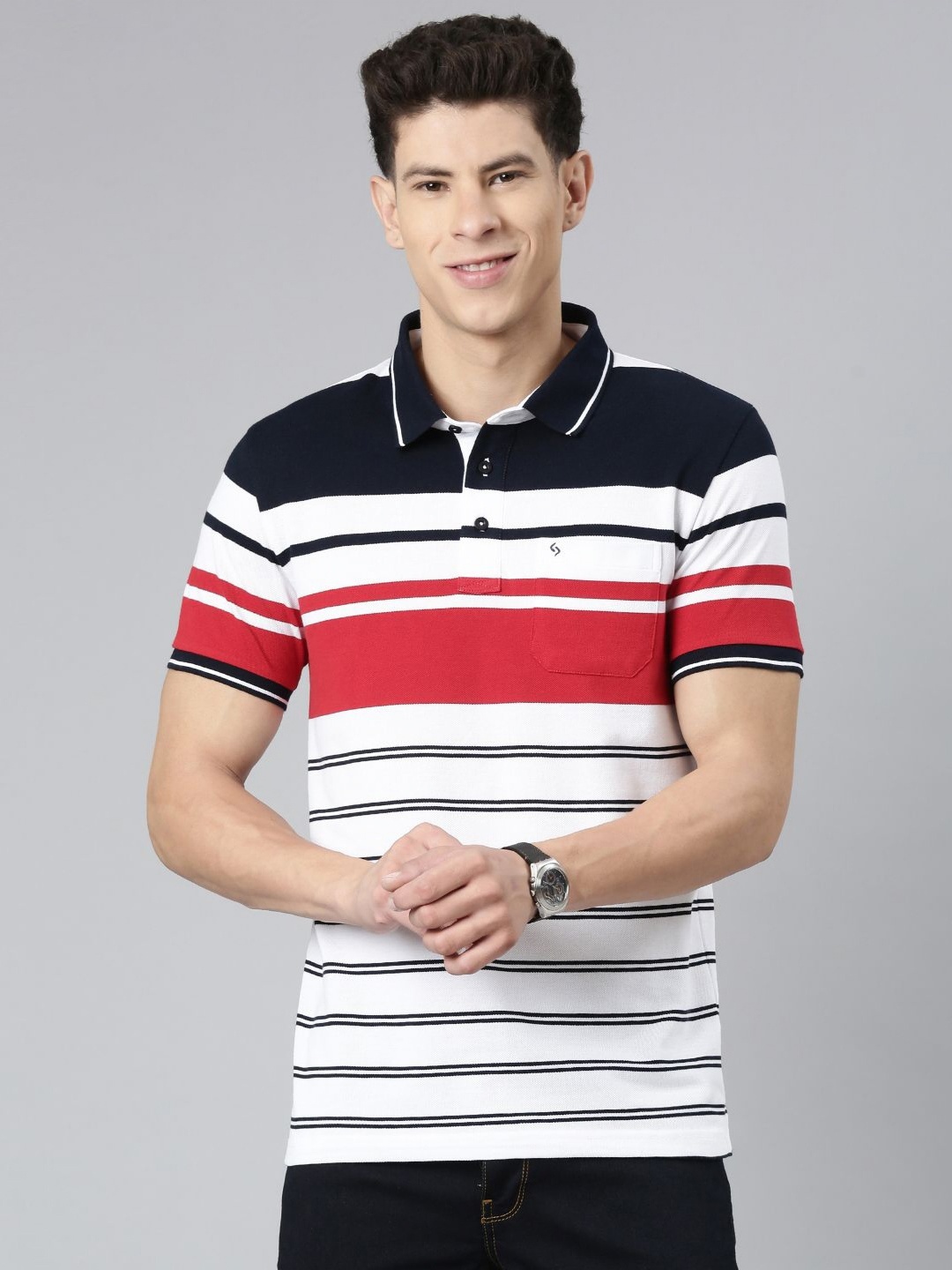 

Classic Polo Men Striped Polo Collar Slim Fit T-shirt, White