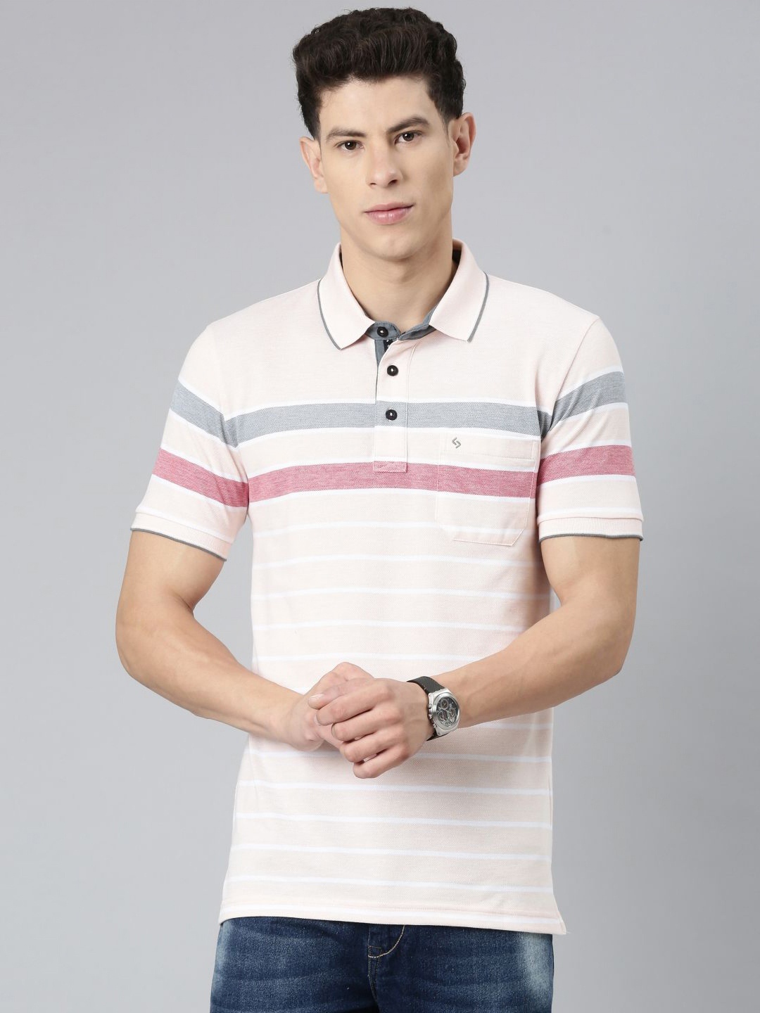 

Classic Polo Men Striped Polo Collar Pockets Slim Fit T-shirt, Peach