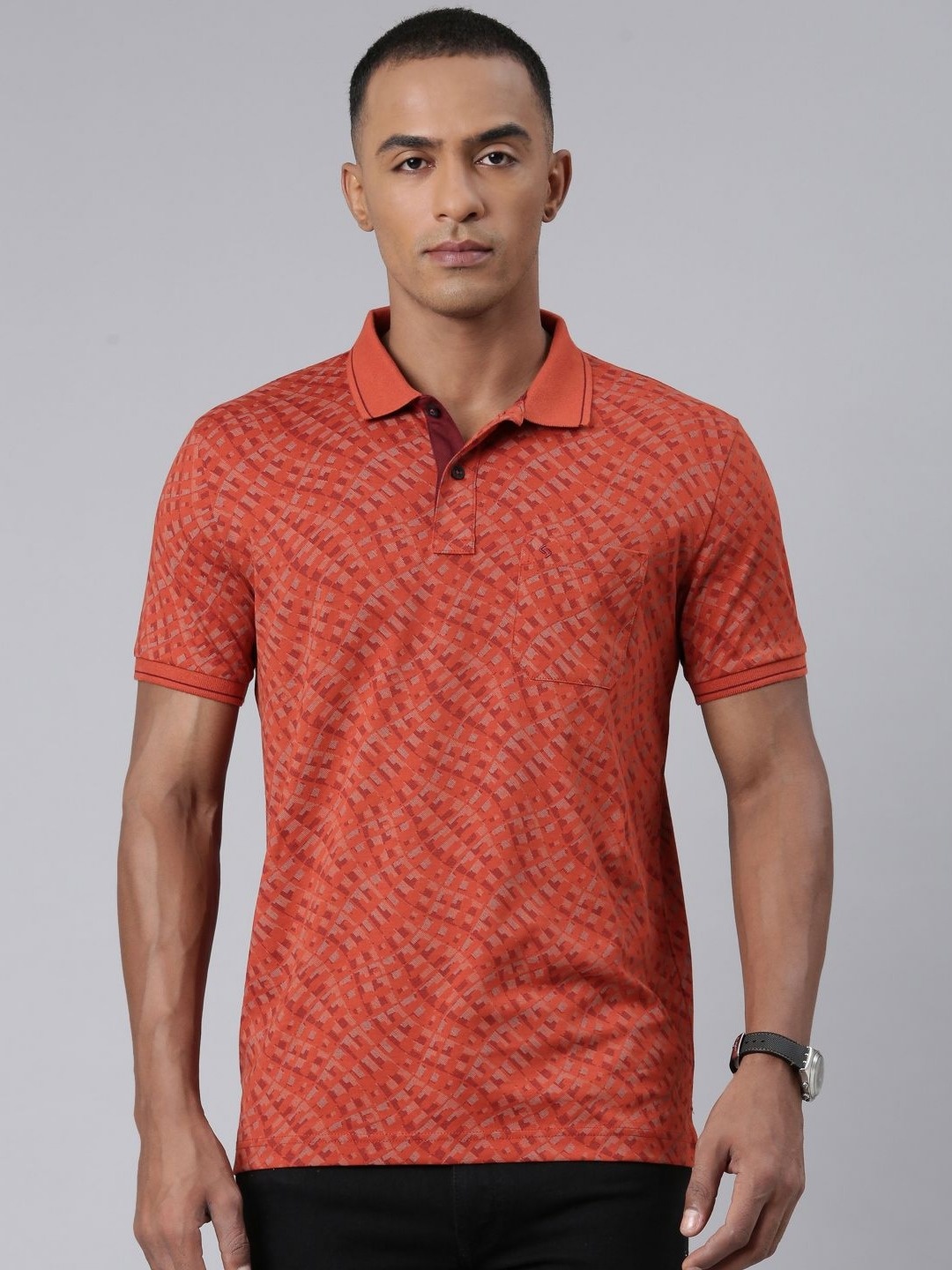 

Classic Polo Men Abstract Printed Polo Collar Slim Fit T-shirt, Rust