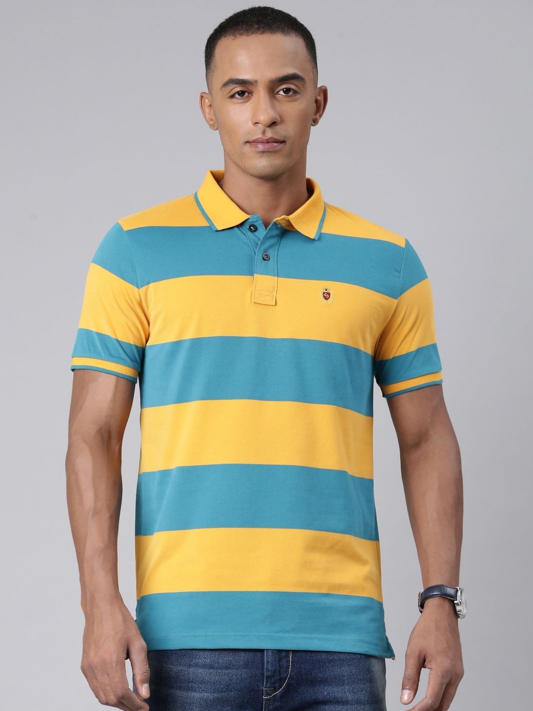 

Classic Polo Men Striped Polo Collar Slim Fit T-shirt, Yellow