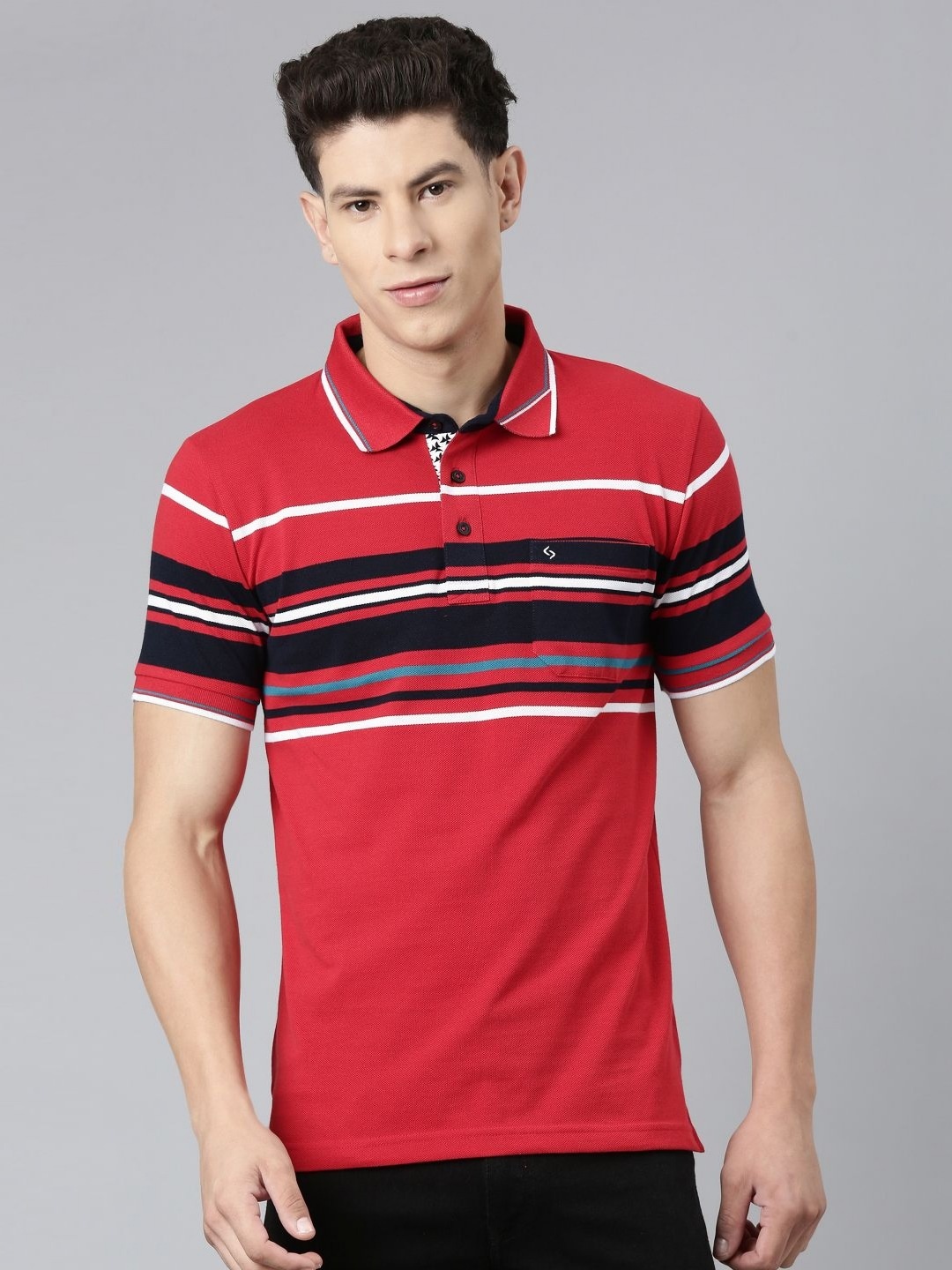 

Classic Polo Men Striped Polo Collar Slim Fit T-shirt, Red