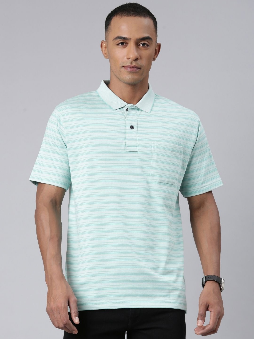 

Classic Polo Men Striped Polo Collar Pockets T-shirt, White