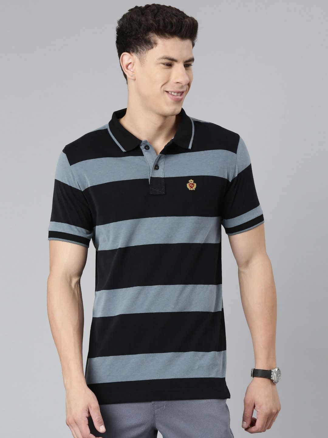 

Classic Polo Men Striped Polo Collar Slim Fit T-shirt, Black