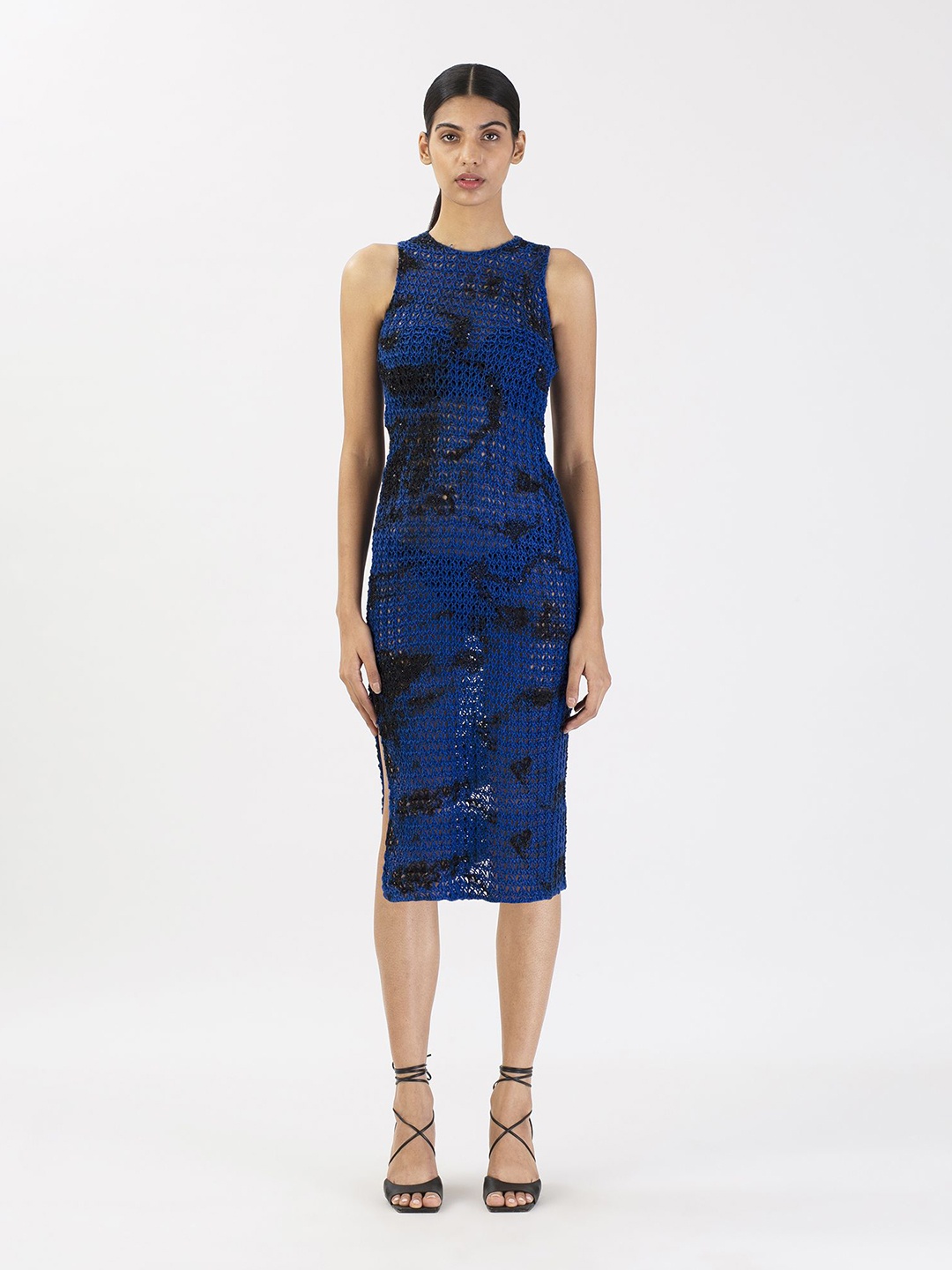 

28 MOONS Crochet Linen Sheath Midi Dress With Shrug, Blue