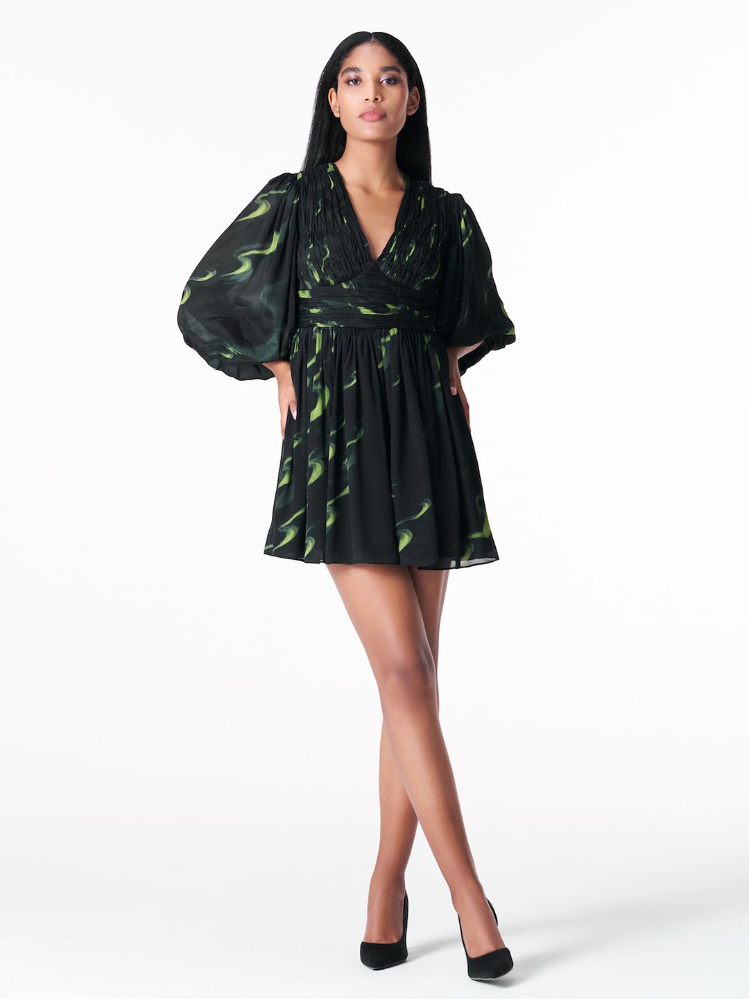 

28 MOONS Women Bell Sleeve Crepe Mini Rouched Dress, Black