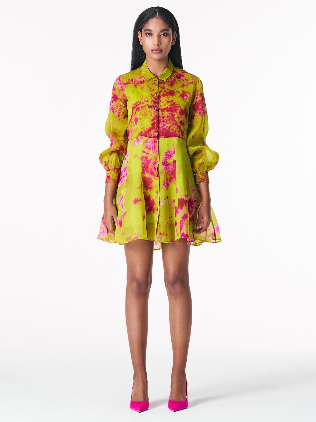 

28 MOONS Peter Pan Collar Printed Shirt Mini Dress, Green
