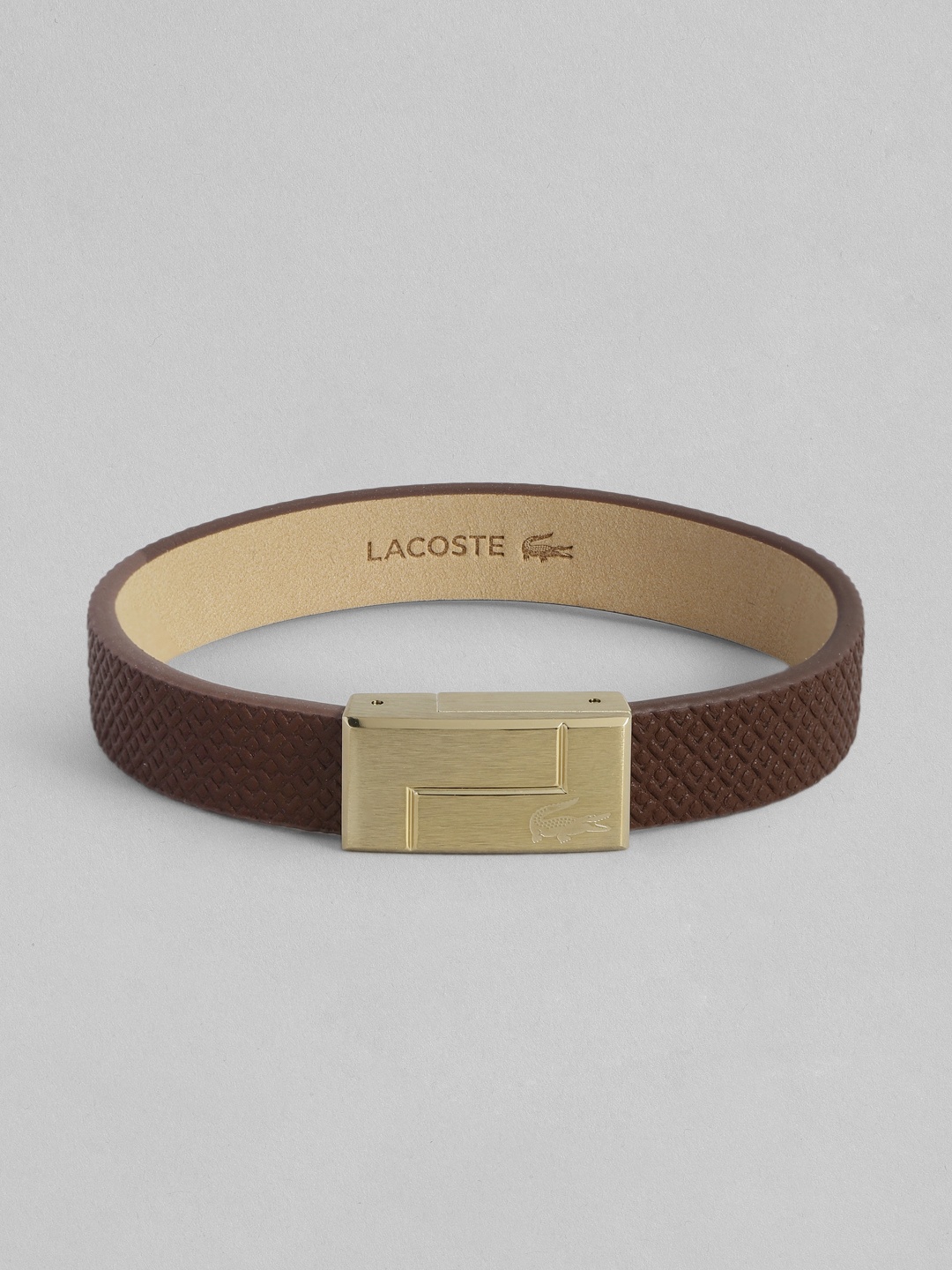 

Lacoste Men Leather Brass-Plated Wraparound Bracelet, Gold