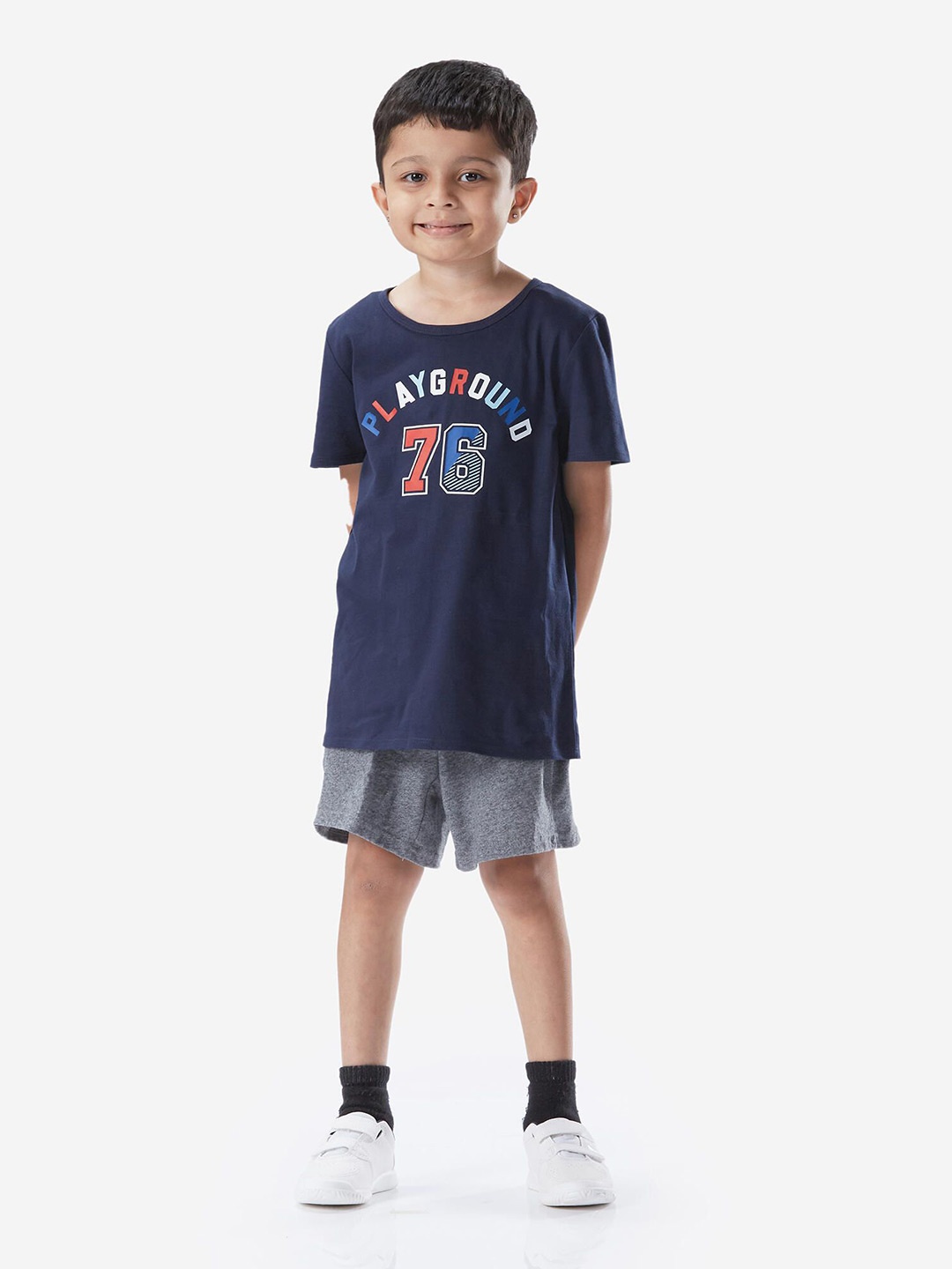 

Domyos By Decathlon Boys Varsity Printed Longline Pure Cotton T-shirt, Blue