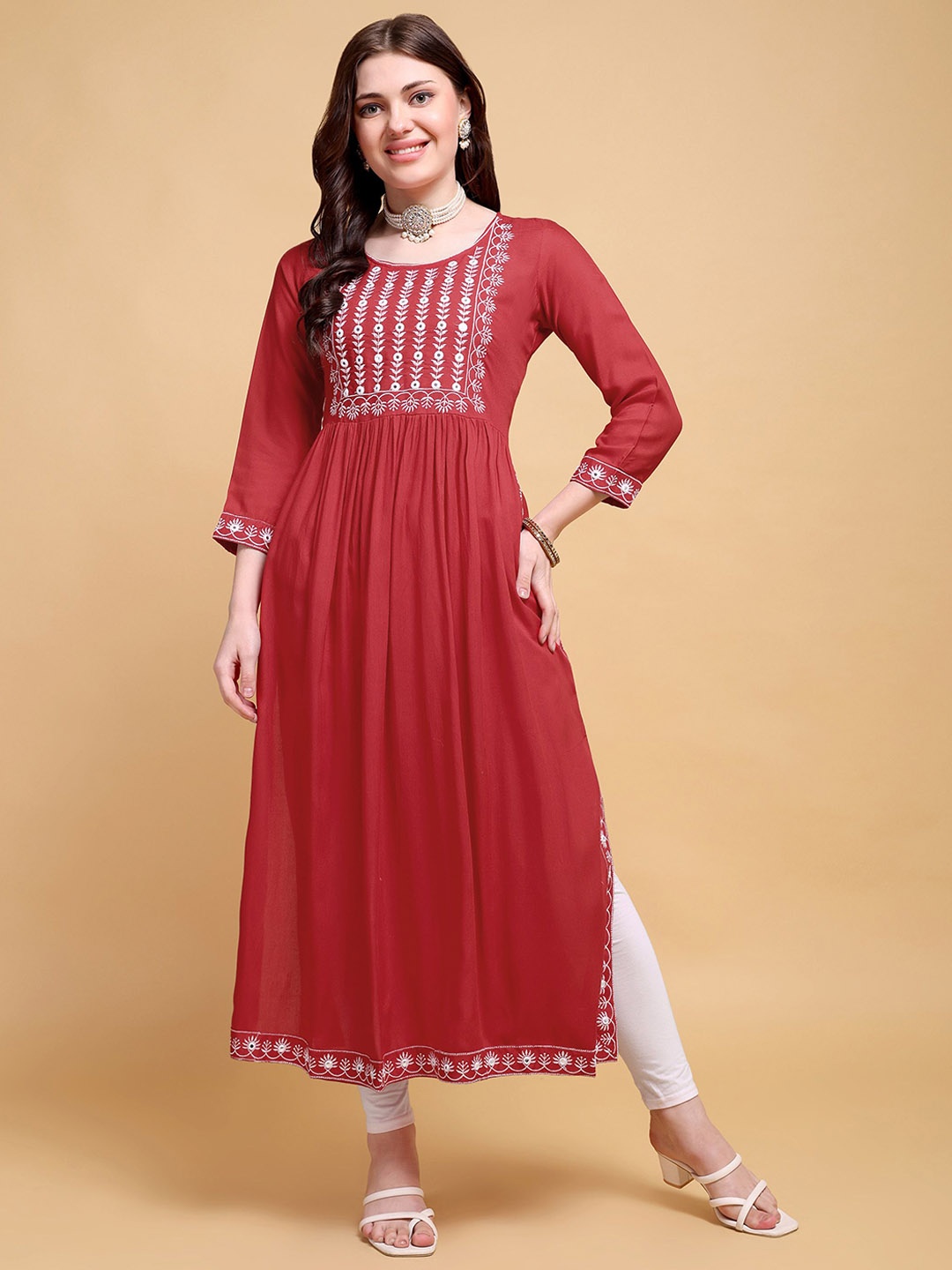 

JAFFRY EMBROIDERY Geometric Yoke Design Thread Work A-Line Pleated Kurta, Red