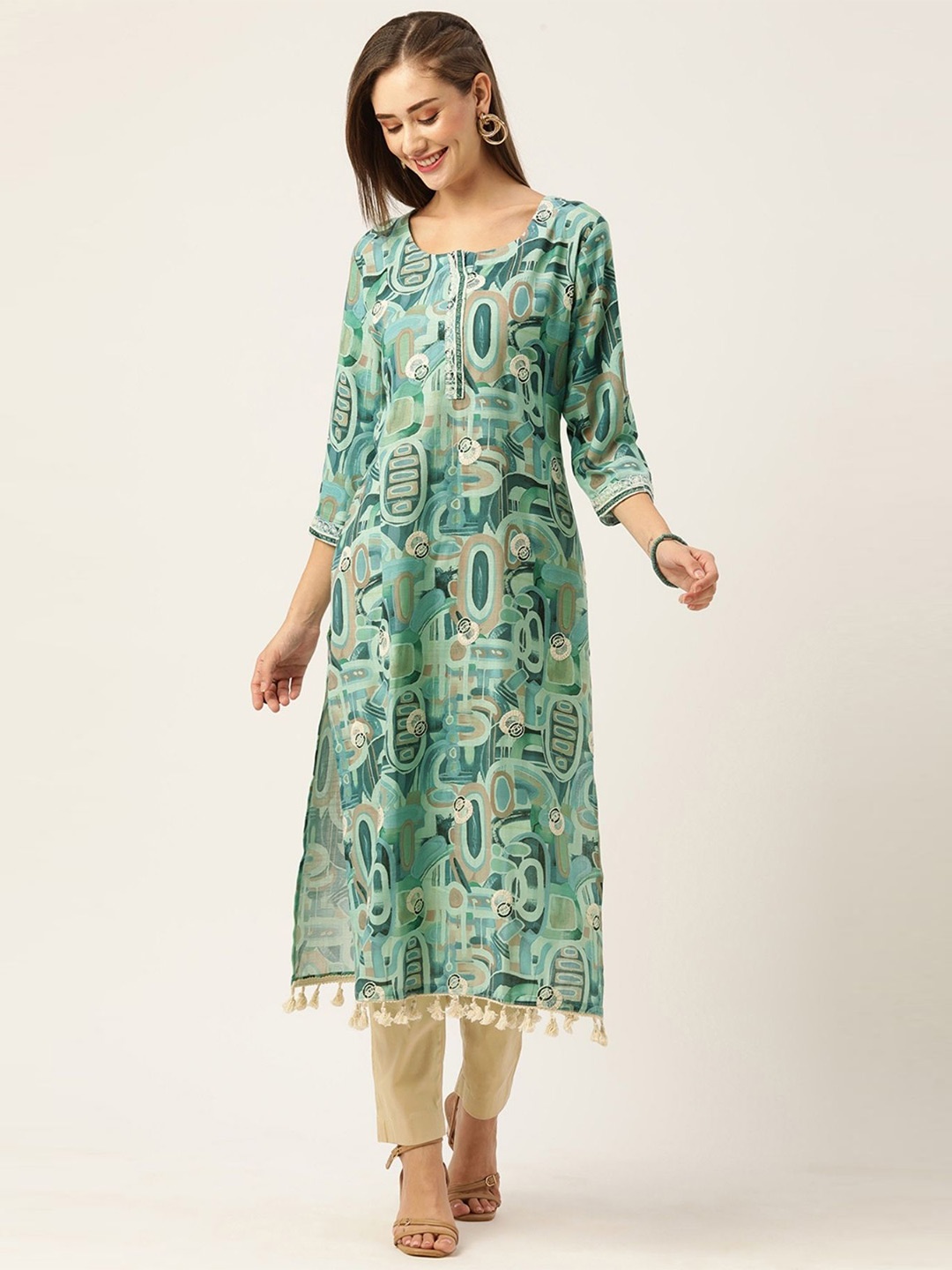 

ODETTE Printed Cotton Straight Kurta, Green