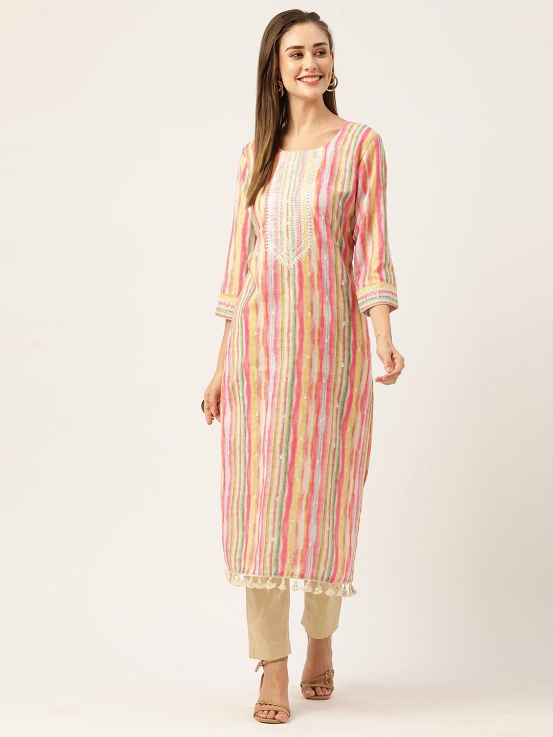 

ODETTE Embroidered Cotton Straight Kurta, Red