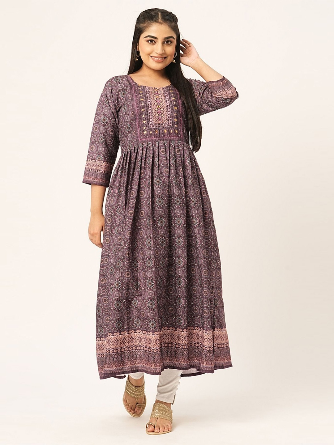 

ODETTE Printed A-Line Kurta, Purple