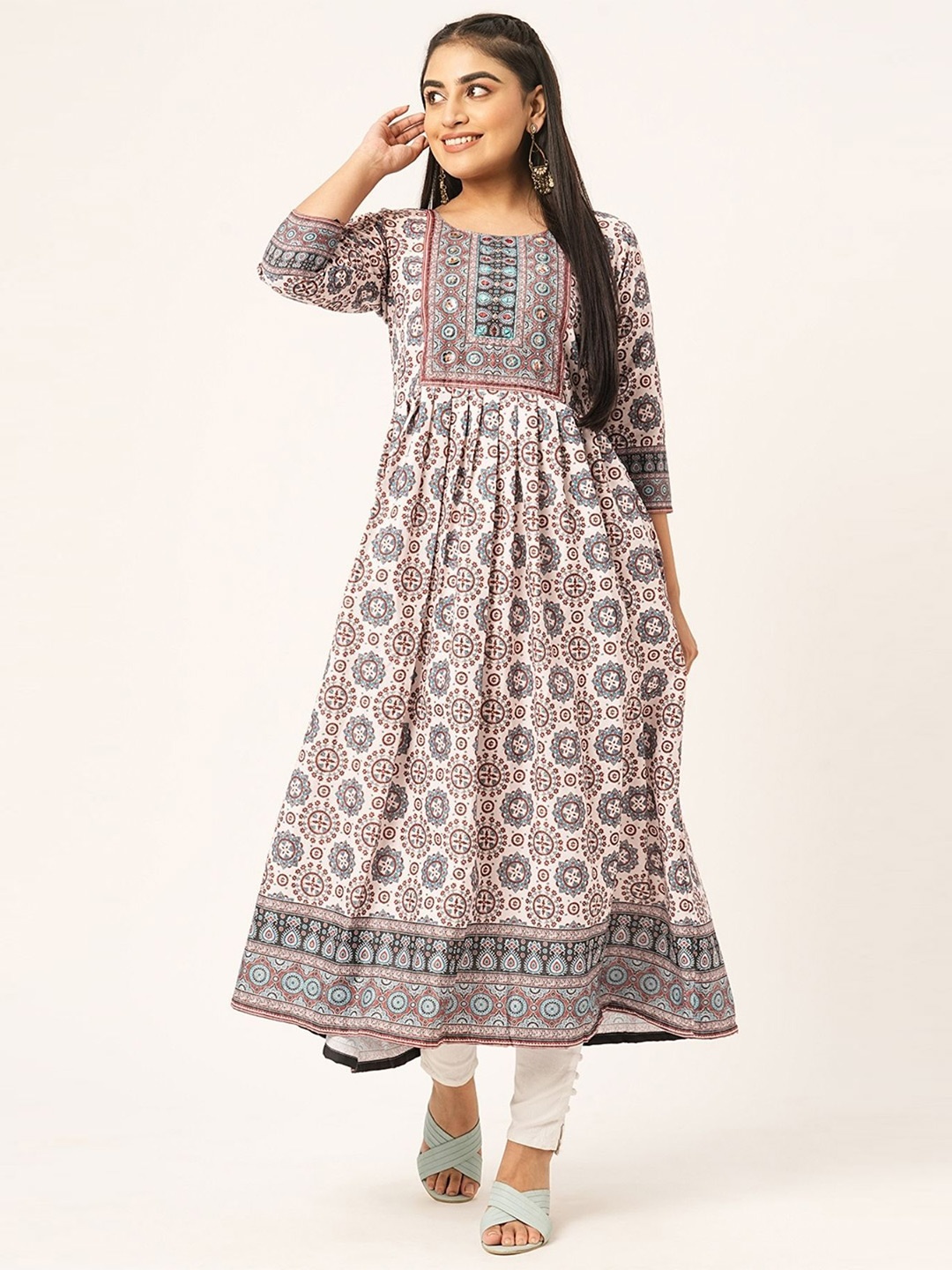 

ODETTE Ethnic Motifs Printed Anarkali Kurta, Cream