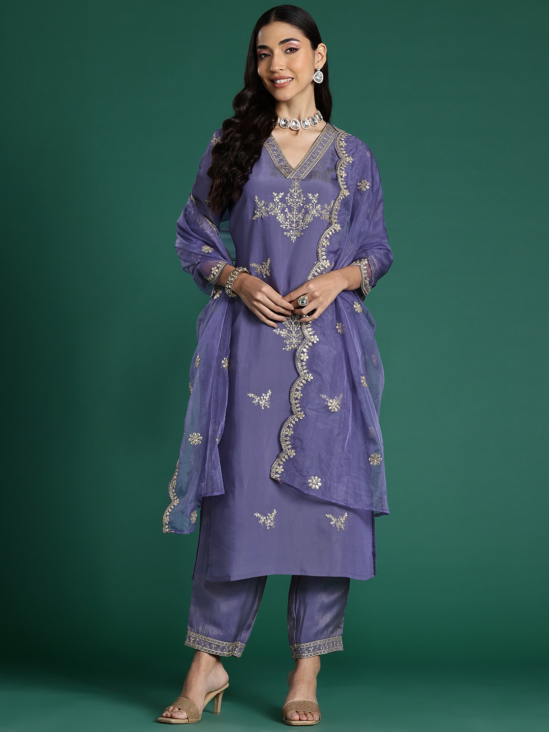 

Indo Era Floral Embroidered Sequinned Kurta With Trousers & Dupatta, Violet