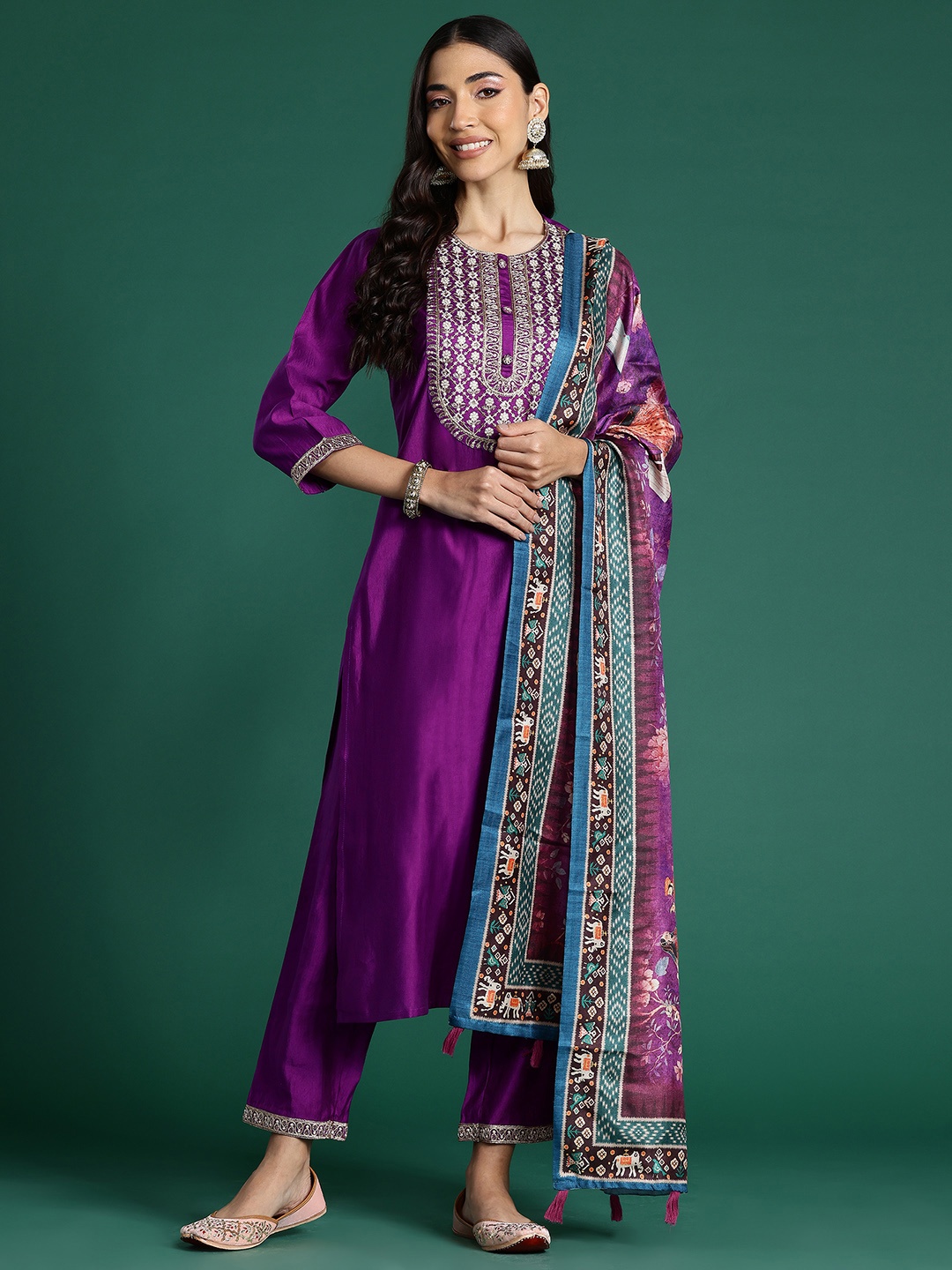 

Indo Era Yoke Design Thread Work Liva Kurta With Trousers & Dupatta, Purple