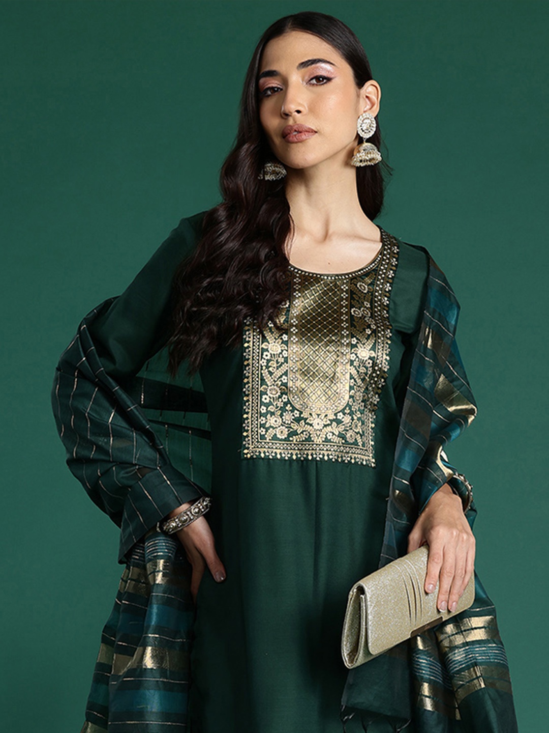 

Indo Era Ethnic Motifs Yoke Design Zari Pure Cotton Kurta With Trousers & Dupatta, Green