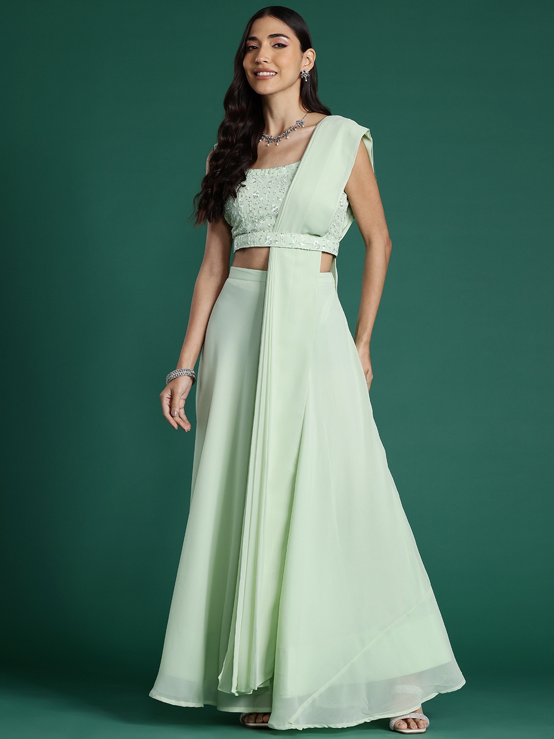 

Indo Era Embellished Sequinned Ready to Wear Lehenga & Blouse With Dupatta, Sea green