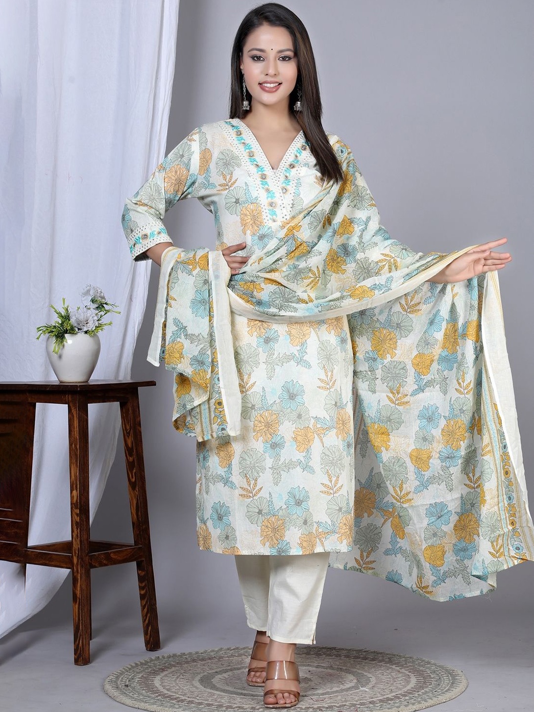 

YASH GALLERY Floral Printed Pure Cotton Straight Kurta with Trousers & With Dupatta, Off white