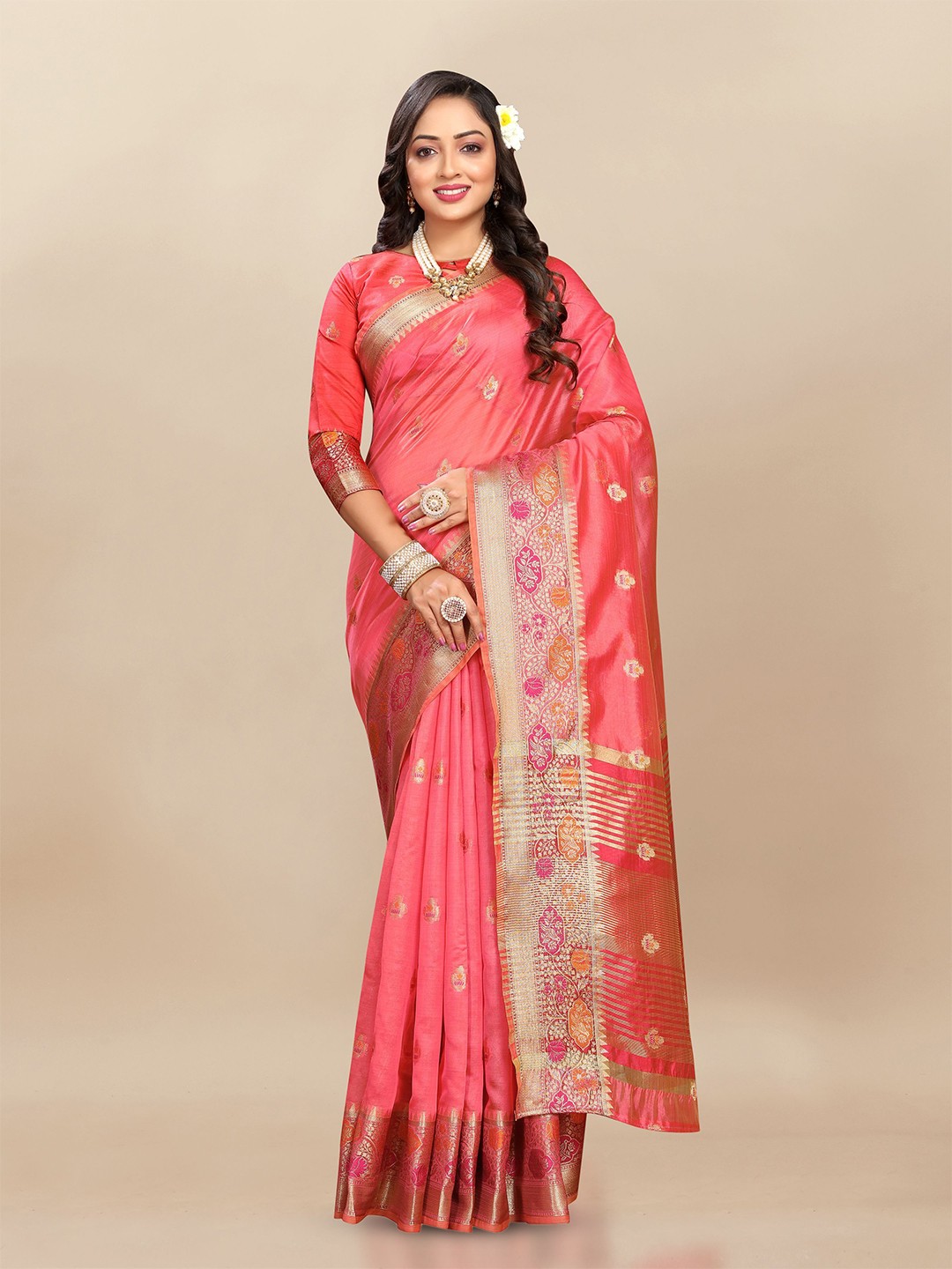 

Upalksh Ethnic Motif Zari Woven Banarasi Saree, Peach
