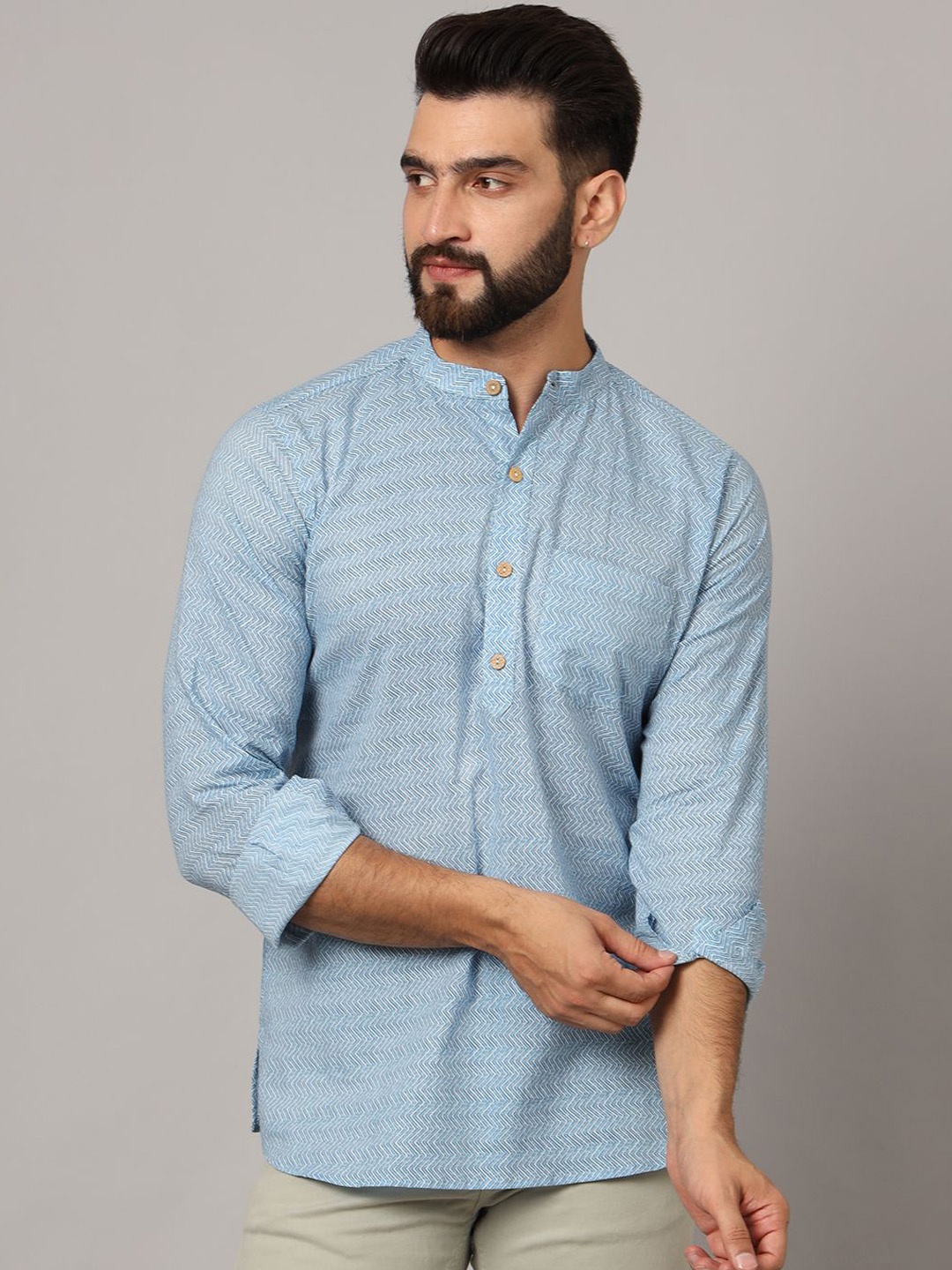 

FABRIC FITOOR Geometric Printed Band Collar Pure Cotton Straight Kurta, Turquoise blue