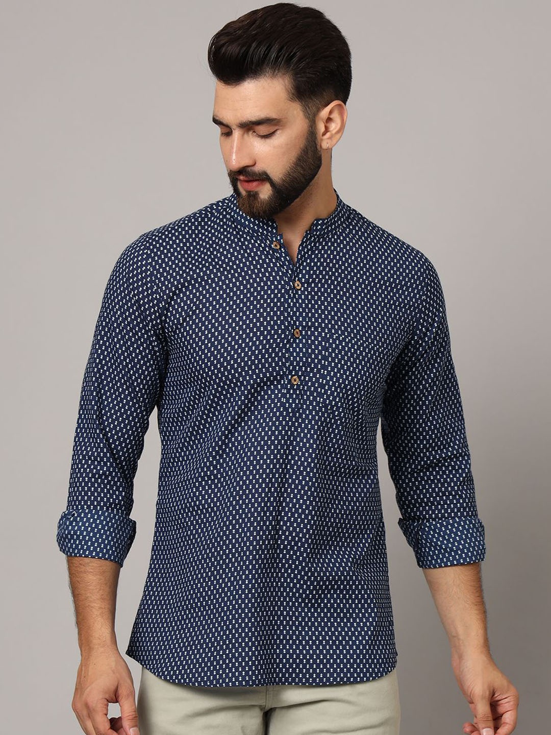 

FABRIC FITOOR Geometric Printed Band Collar Pure Cotton Straight Kurta, Navy blue