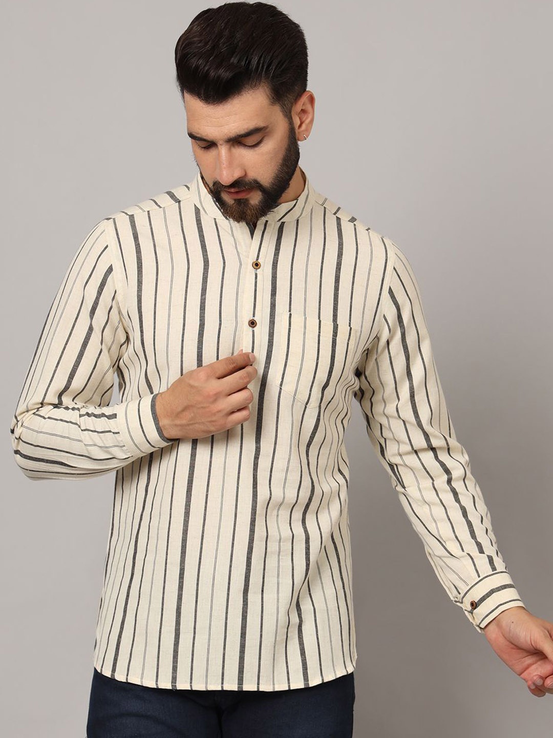 

FABRIC FITOOR Striped Band Collar Pure Cotton Straight Short Kurta, Cream
