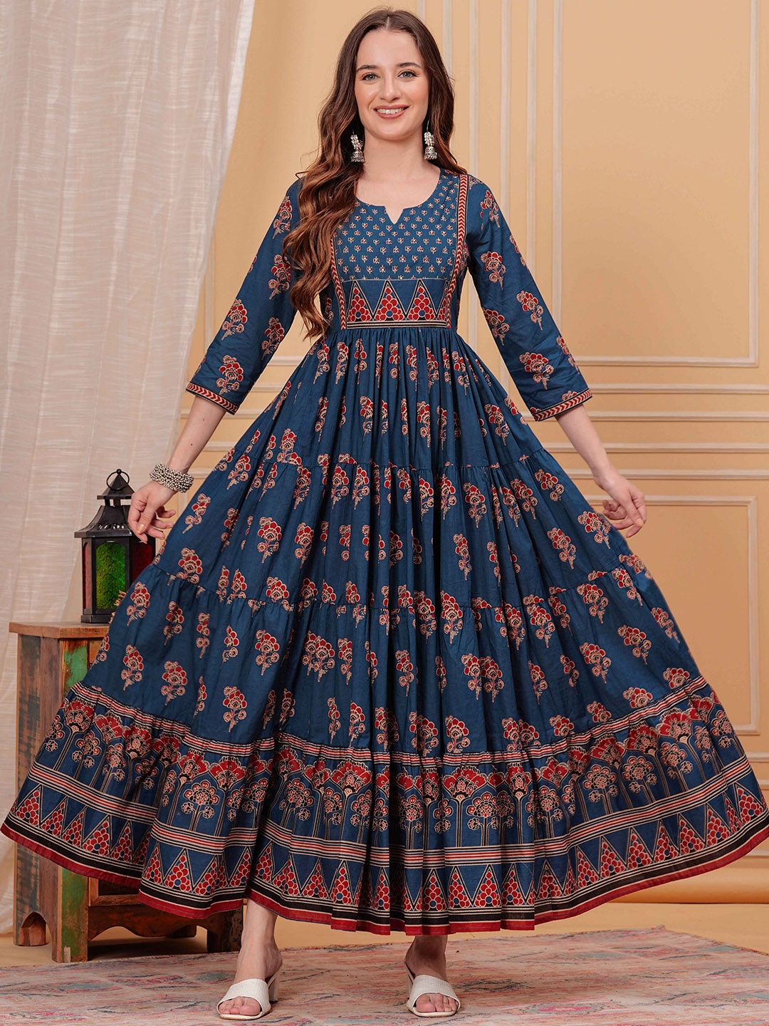 

Mizaz Ethnic Motifs Printed Sequinned Pure Cotton Anarkali Kurta, Blue