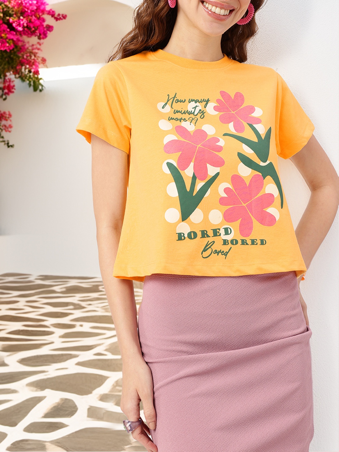 

Cute Girly Glam Graphic Florals Printed Crop T-shirt, Yellow