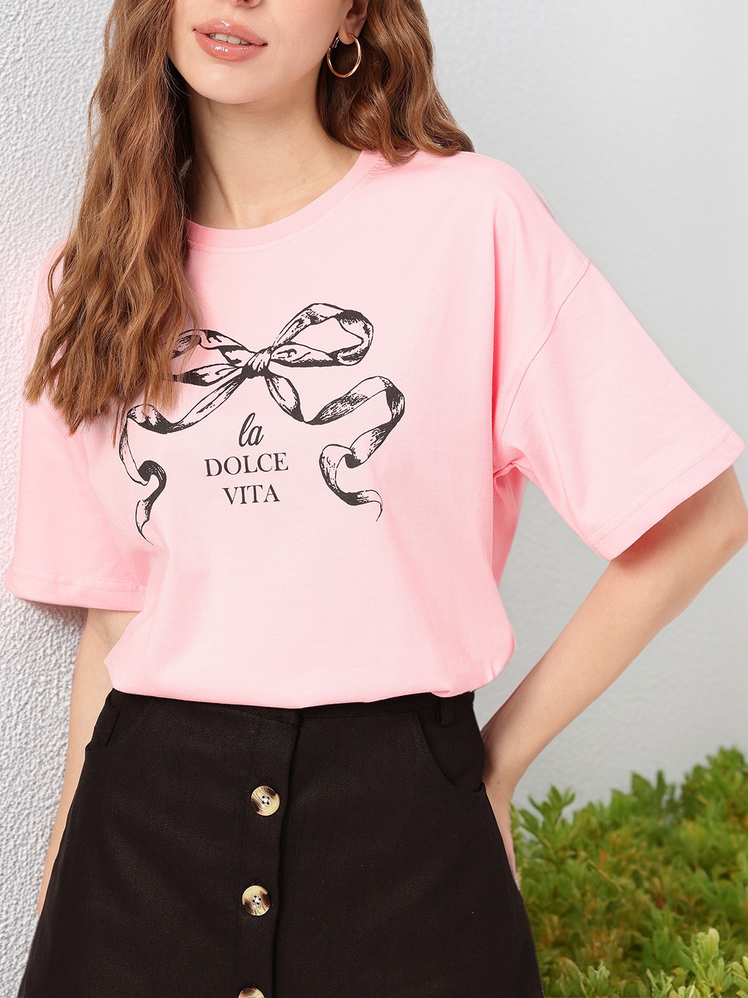 

Feminine Charming Chic Printed Boxy T-shirt, Pink