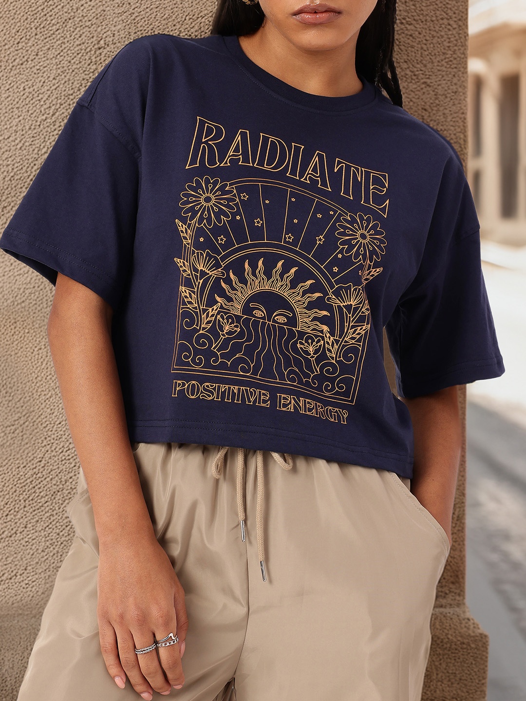 

DressBerry Soft Energy Printed Boxy Crop T-shirt, Navy blue