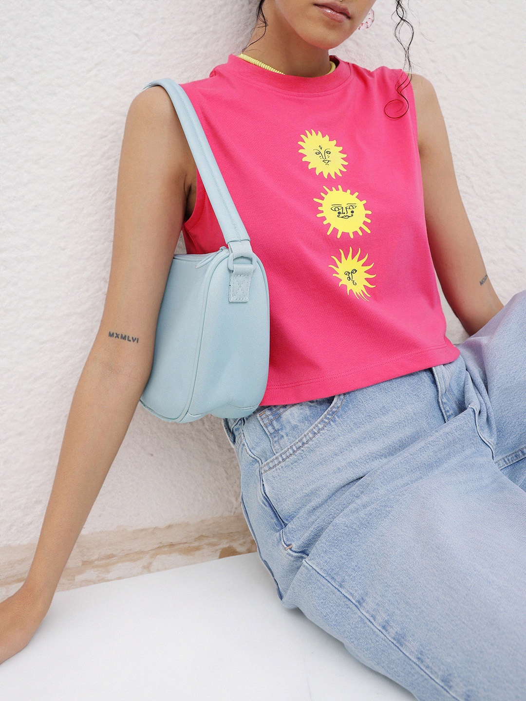 

DressBerry Joy And Sunshine Printed Sleeveless Crop T-shirt, Pink