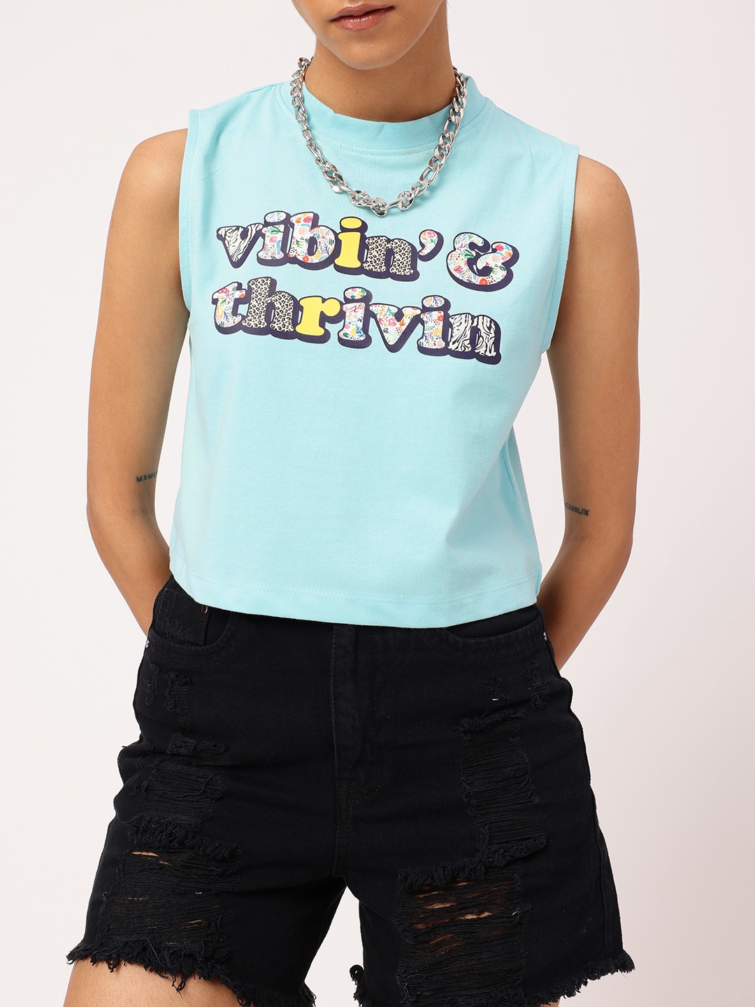 

Grunge Keep Vibing Printed Sleeveless Crop T-shirt, Blue