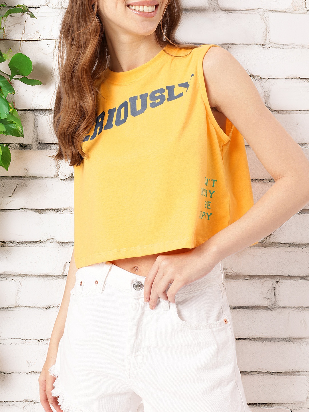 

DressBerry Soft Chill Vibes Typography Printed Sleeveless Crop T-Shirt, Yellow