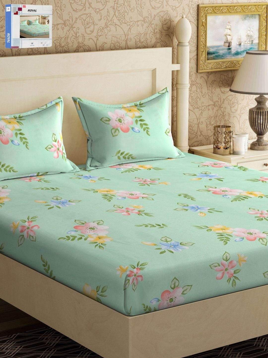 

KLOTTHE Green & Pink Floral Printed 300 TC Double King Bedsheet With 2 Pillow Covers