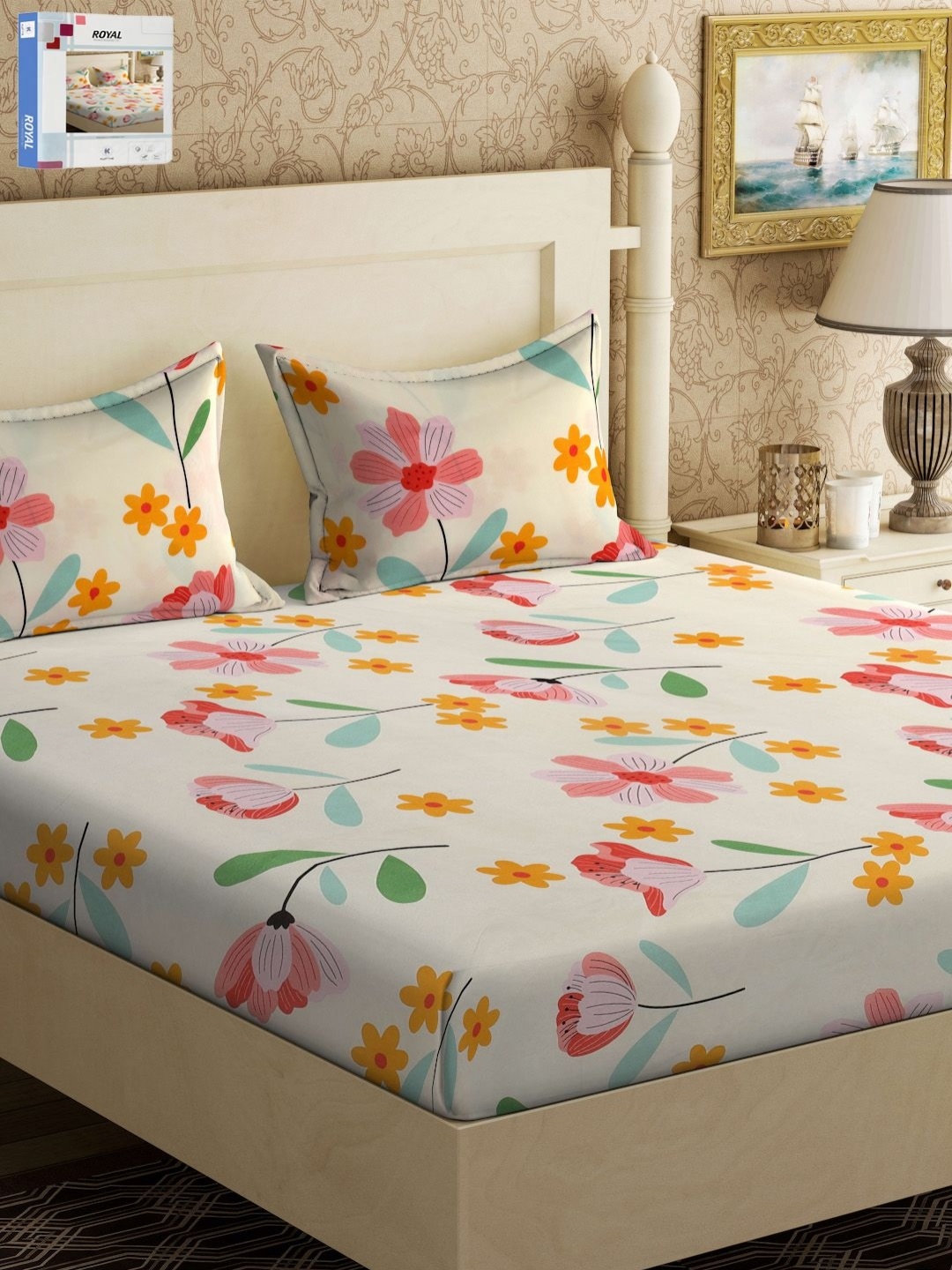 

KLOTTHE Cream & Pink Floral Printed 300TC Double King Bedsheet & Pillow Covers