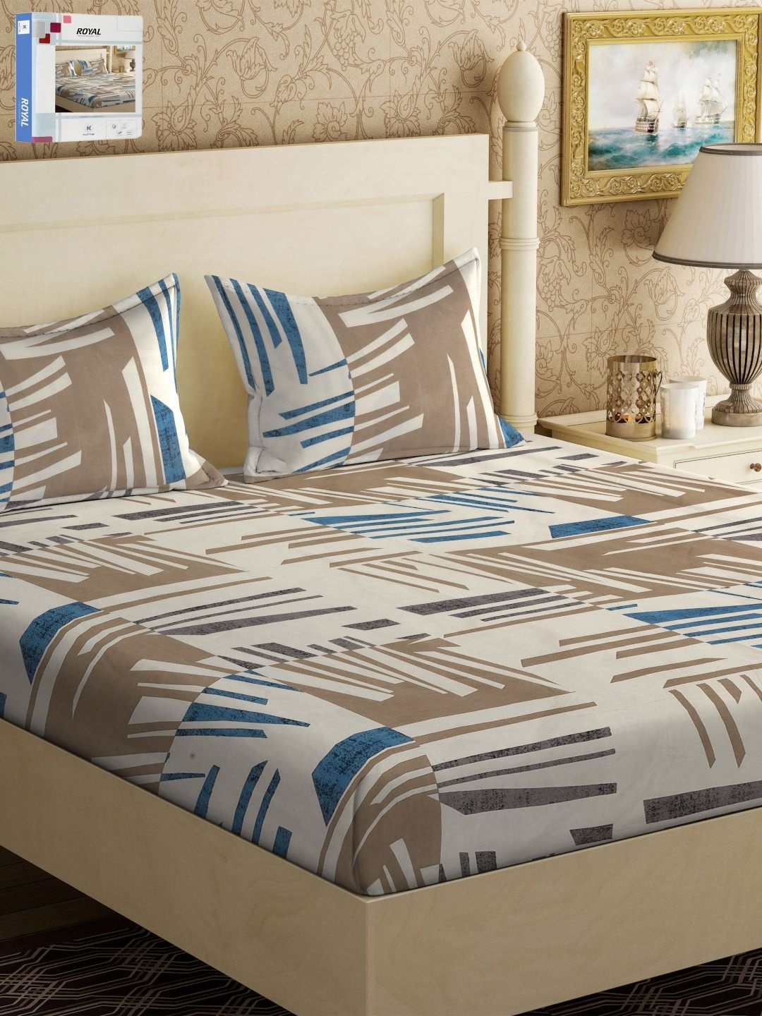 

KLOTTHE White & Brown Abstract Printed 300 TC Double King Bedsheet With 2 Pillow Covers