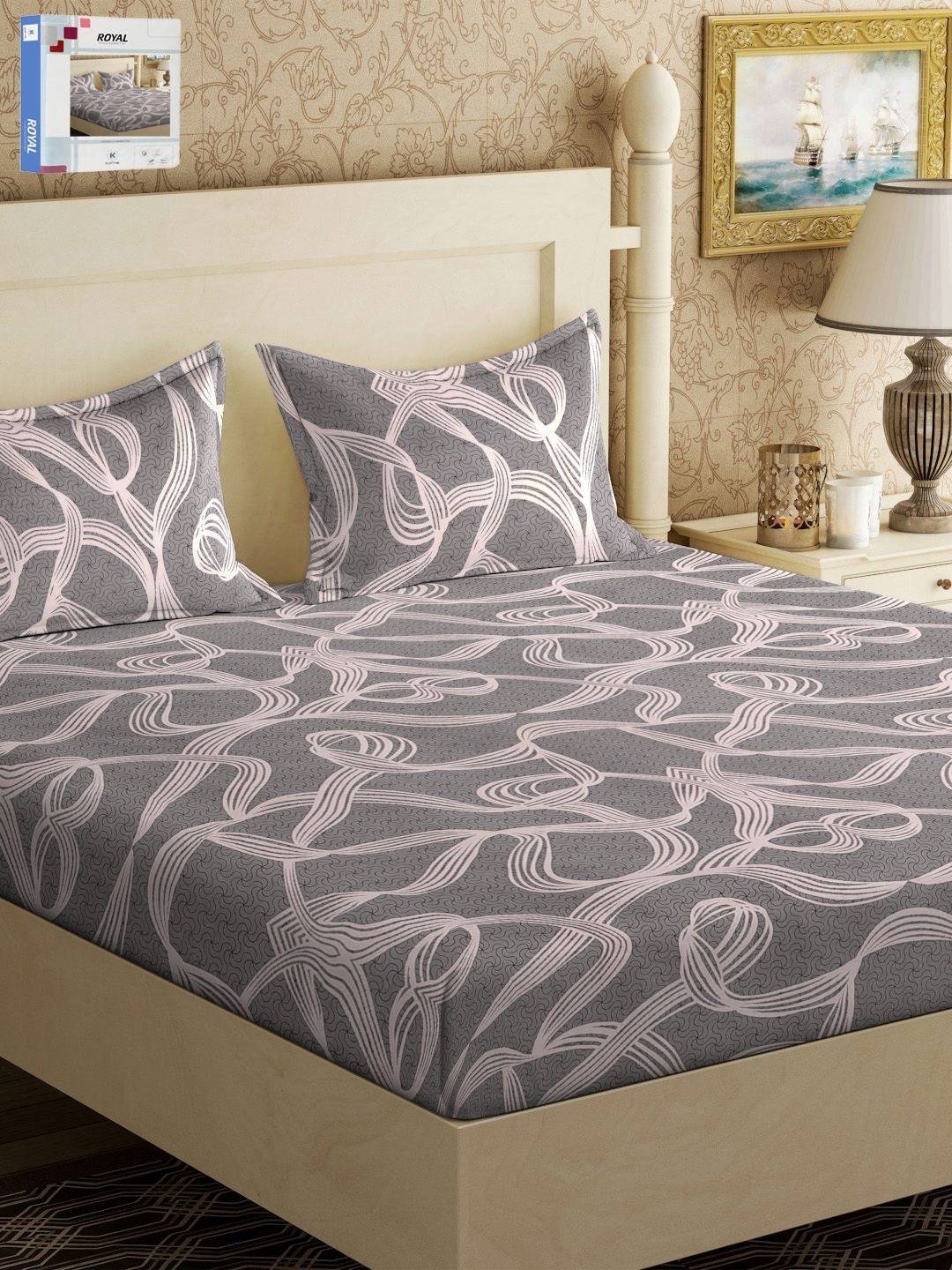 

KLOTTHE Grey & Pink Abstract Printed 300 TC Double King Bedsheet With 2 Pillow Covers