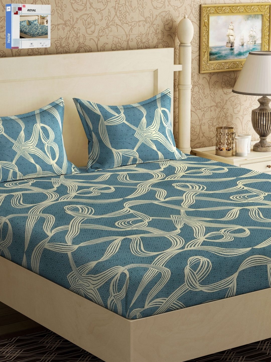 

KLOTTHE Turquoise Blue Abstract Printed 300 TC Double King Bedsheet With 2 Pillow Covers