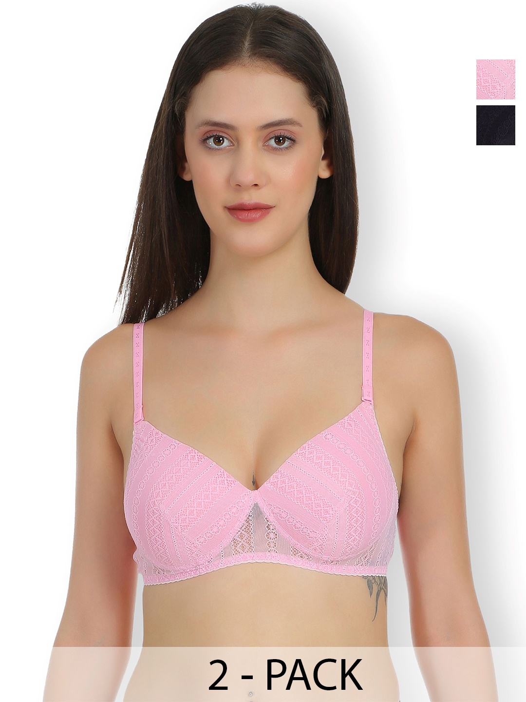 

SELFCARE Floral Bra Full Coverage Lightly Padded Pack of 2, Black