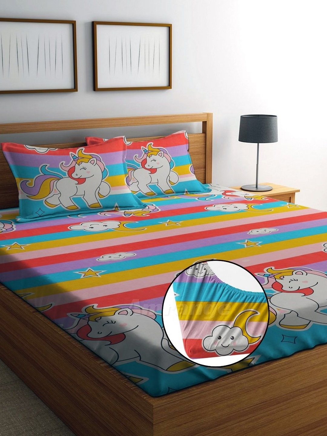 

AMRANGE Blue & Yellow Printed 250TC Microfiber King Fitted Bedsheet With 2 Pillow Covers