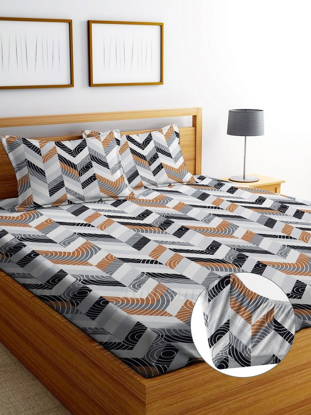 

AMRANGE Grey & Brown Printed 250TC Microfiber Fitted King Bedsheet With 2 Pillow Covers