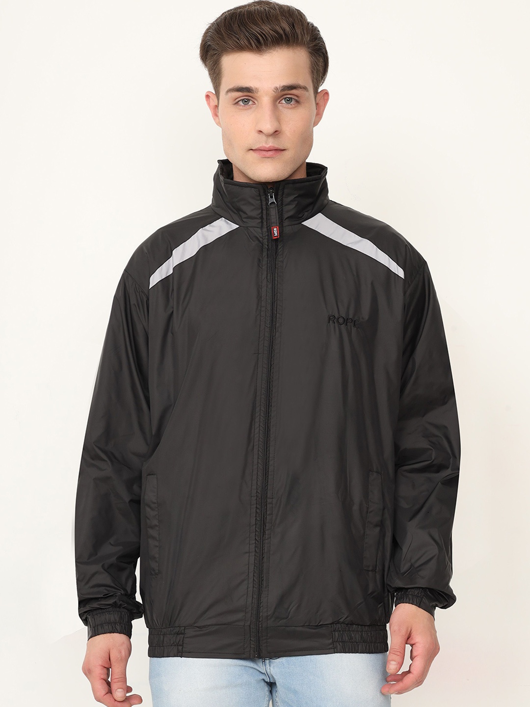 

Rope Men Striped Windcheater Cycling Bomber Jacket, Black
