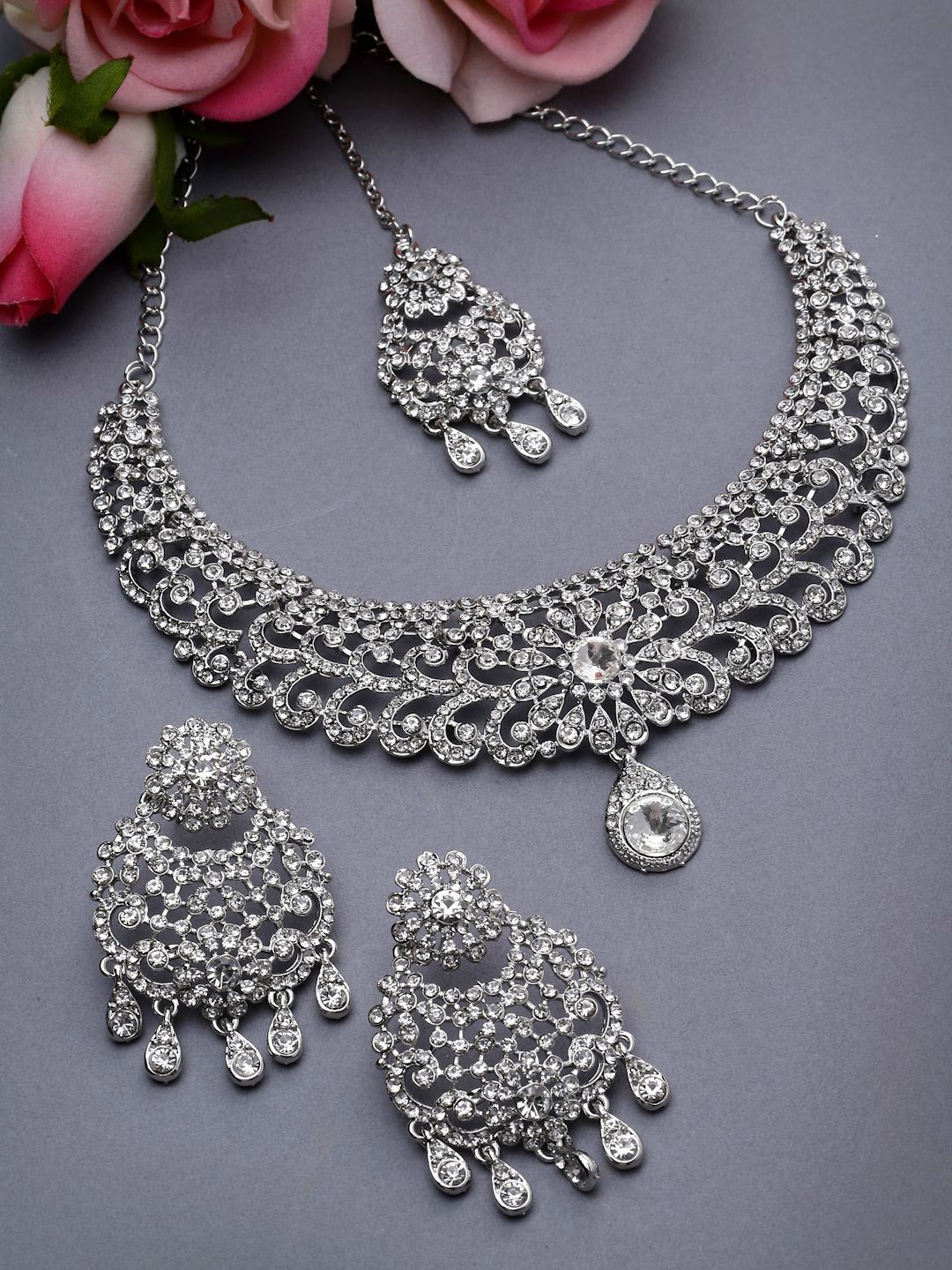 

Sukkhi Rhodium Plated American Diamond Stone Studded Jewellery Set, Silver