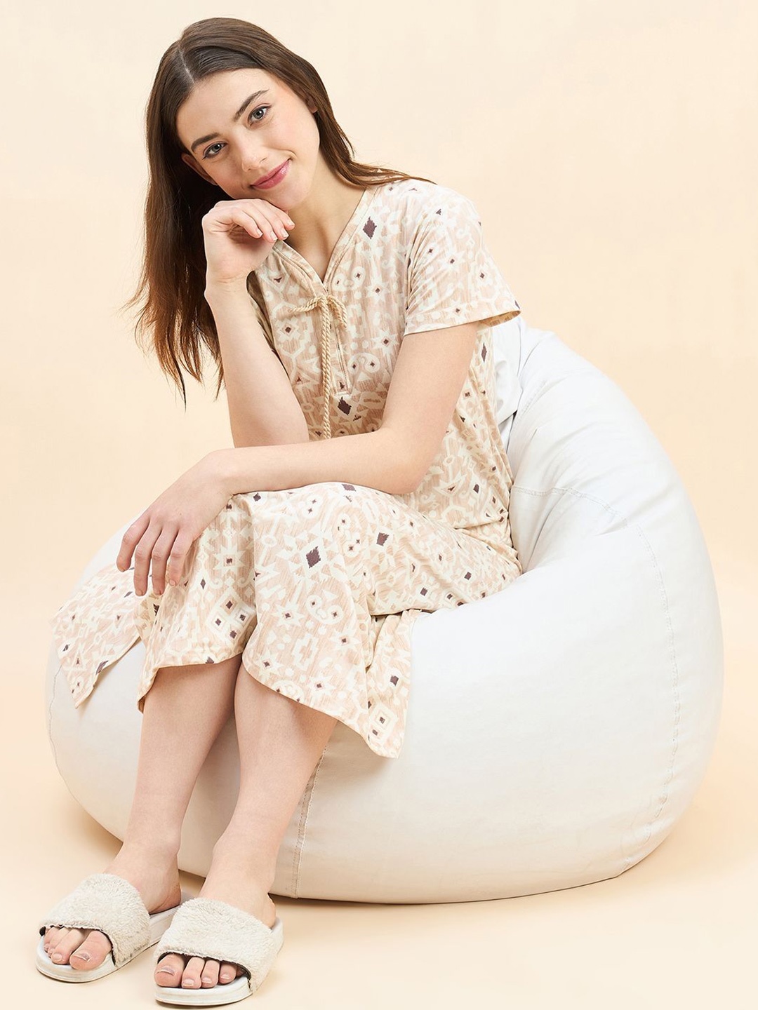 

Sweet Dreams V-Neck Printed Midi Nightdress, Beige