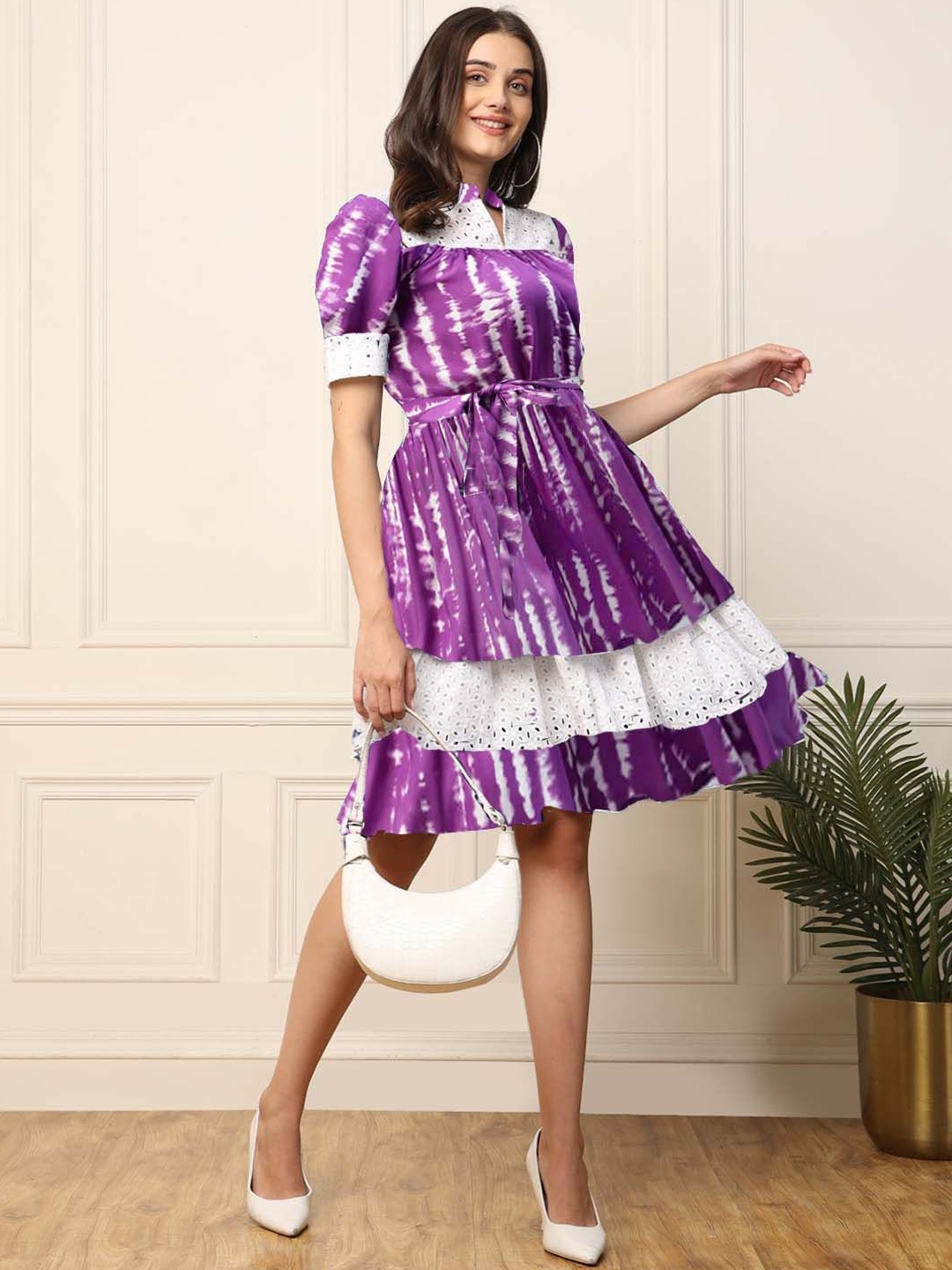 

DEEBACO Tie & Dye Mandarin Collar Schiffli Puff Sleeve Layered Fit & Flare Dress, Lavender